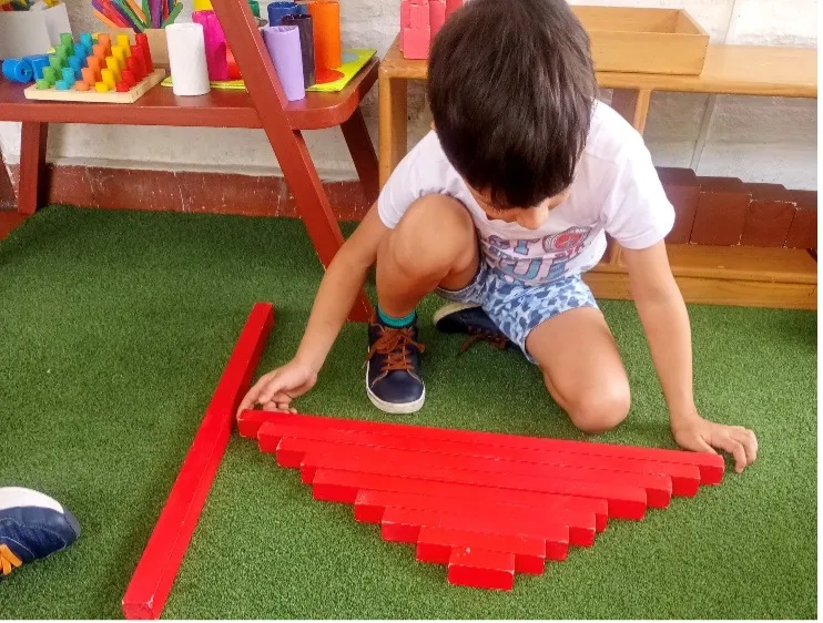 A child engages with the Montessori Red Rods, arranging them by length to develop visual discrimination and a sense of order.